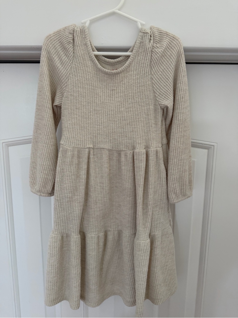Kids Long Sleeve Cream Knit Tiered Dress